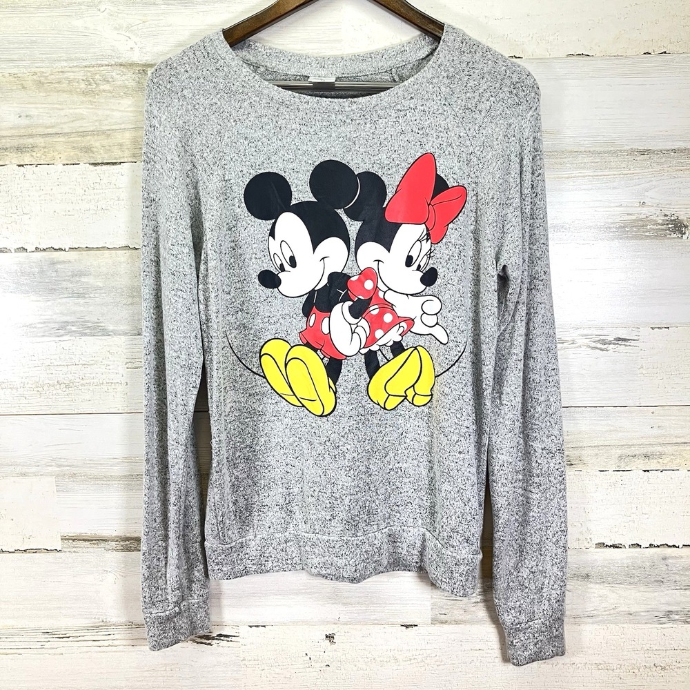 Disney Womens Gray Mickey & Minnie Mouse SOFT Long Slv Sweater Size XS